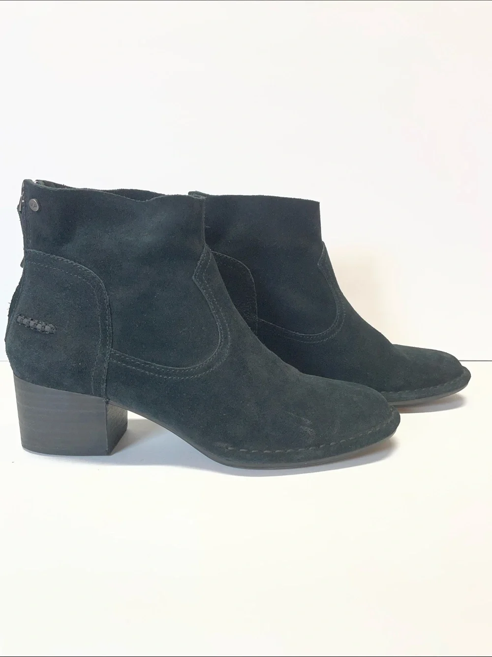 UGG Black Suede Ankle Booties with Side Zip and Block Heel